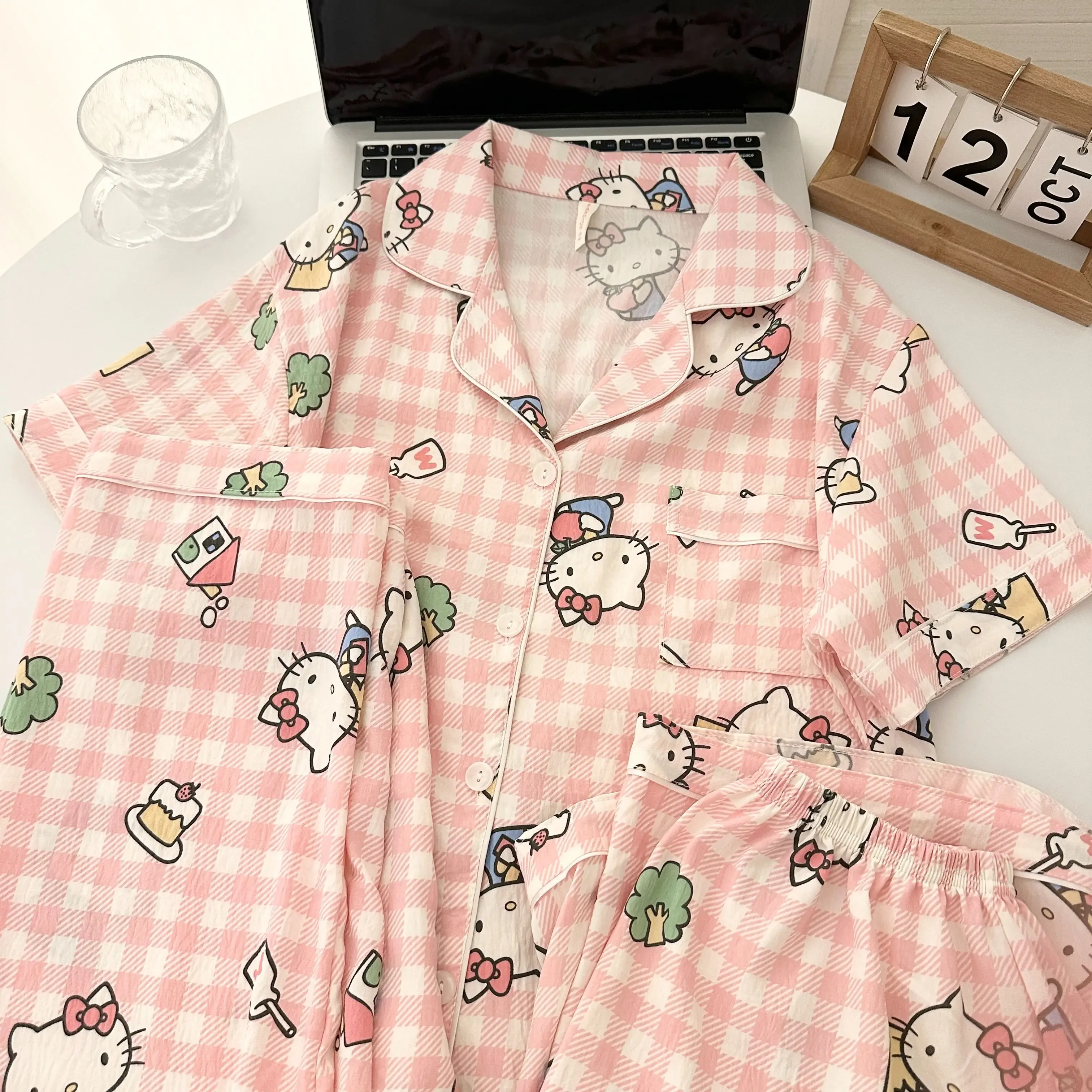 

Хлопковый пижамный комплект Hello Kitty Cloud из 3 предметов — летний комплект домашней одежды с короткими рукавами для женщин и детей