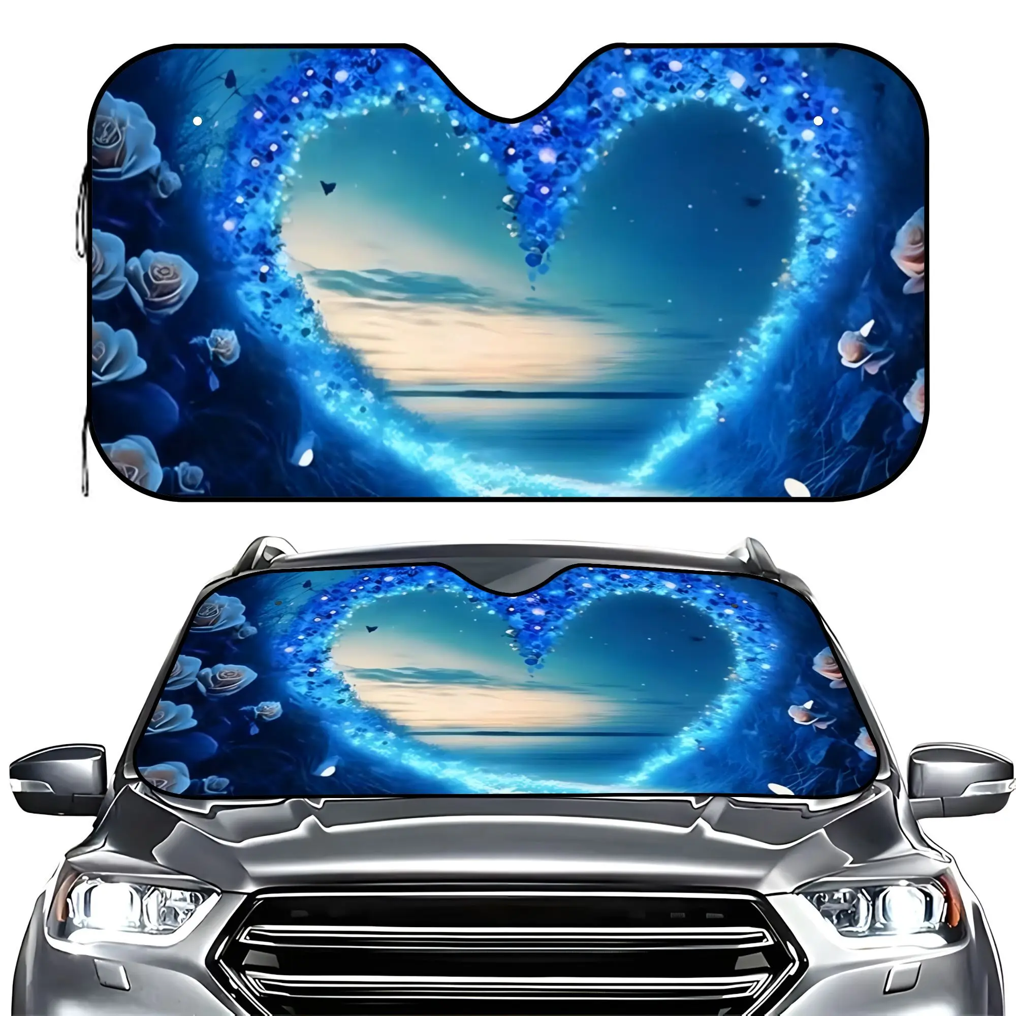 Cartoon-Style Sunshade For Featuring A Blue Heart And Butterfly Design, Offering UV Protection For Your Windshield. It Fits Most