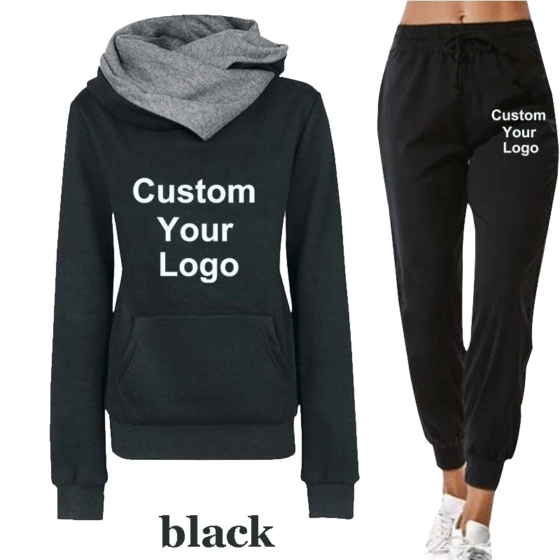 Women Custom Your Logo Hoodie Set Sportwear Suit Casual Jacket Sweatshirt + Pants 2 pcs Set Splice Tracksuit Suit