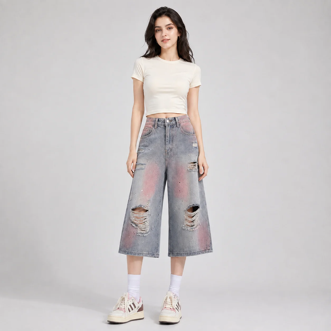 EOENKKY Women High Waist Ripped Wide Leg Denim Capri Pants Pink Wash Cropped Jeans Plus Size Summer Streetwear
