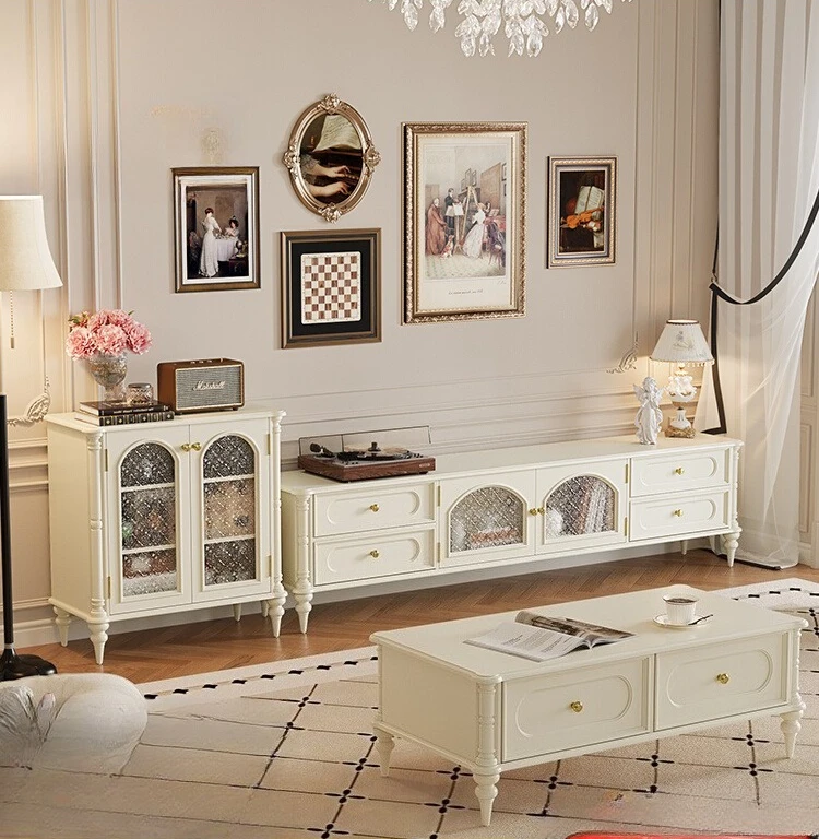 

French cream wind solid wood TV cabinet living room coffee table combination small apartment storage locker