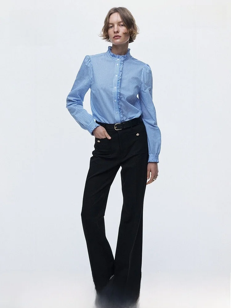 

Женская рубашка H&M, лето 2026, из шелка с плиссировкой, с длинным рукавом, для офиса, профессиональный топ с пуговицами, стандартной толщины, воротник-стойка