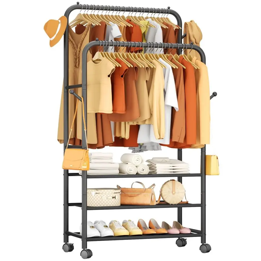

Clothes Racks for Hanging Clothes, Portable Rolling Garment Rack, Sturdy Metal Freestanding Cloths Racks with Wheels, Double Rod