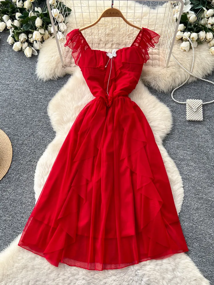 Women's Red Strapless Cami Evening Dress Irregular Elegant A-line Dress Sleeveless Off Shoulder Mini Dress for Women Summer 2026