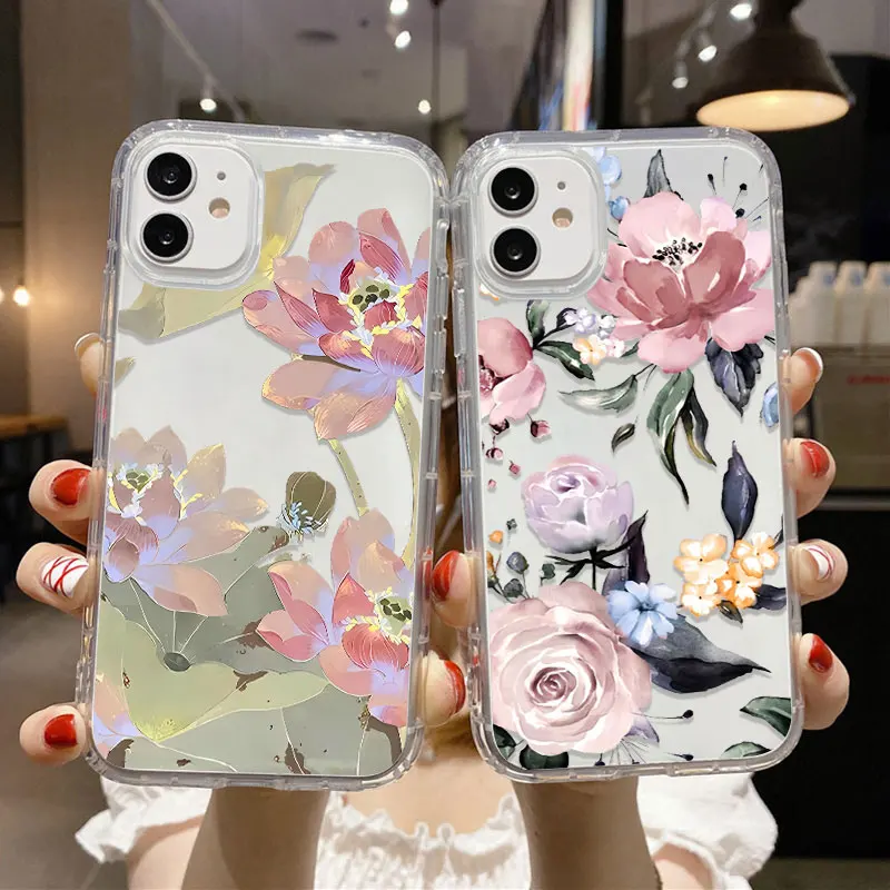Transparente Lotus-bemalte Handyhülle für iPhone 17 Fundas iPhone 16 Pro Max 11 13 15 14 12 Air 17promax stoßfeste Silikonhülle