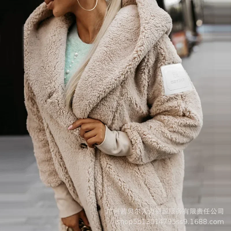 

Lamb Leather Jacket Coat Women Long Sleeve Fleece Coats Outwear Buttoned Pocket Design Trend Hooded Keep Warm Teddy Coat