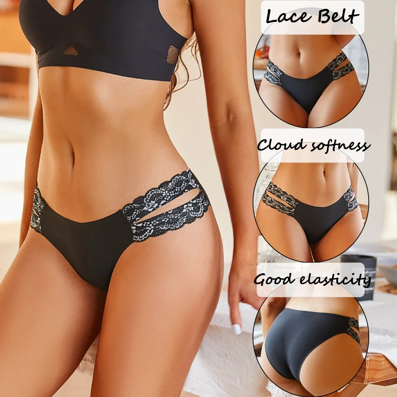 3PCS Sexy Women Seamless Panties Lace Waist Band V-waist Briefs Traceless Female Underwear Solid Color Breathable Soft Lingerie