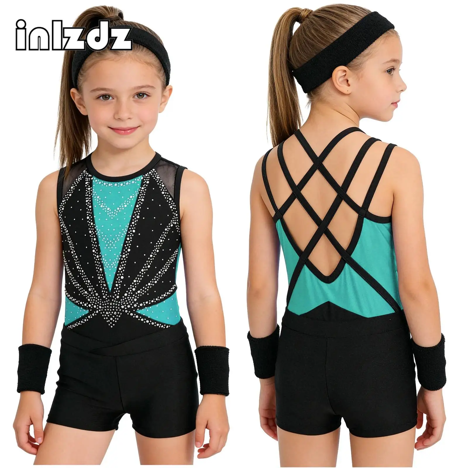 

Kids Girls Ballet Jersey Figure Ice Skating Performance Outfit Rhythmic Gymnastics Leotard+Shorts+Accessories Set for Stage Show