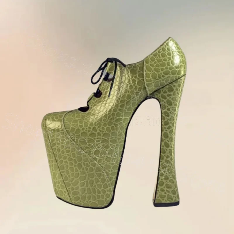 

Green Snakeskin Print Round Toe Platform Pumps Lace Up Women Shoes Chunky High Heels Party Feast Dating 2025 Zapatos Para Mujere