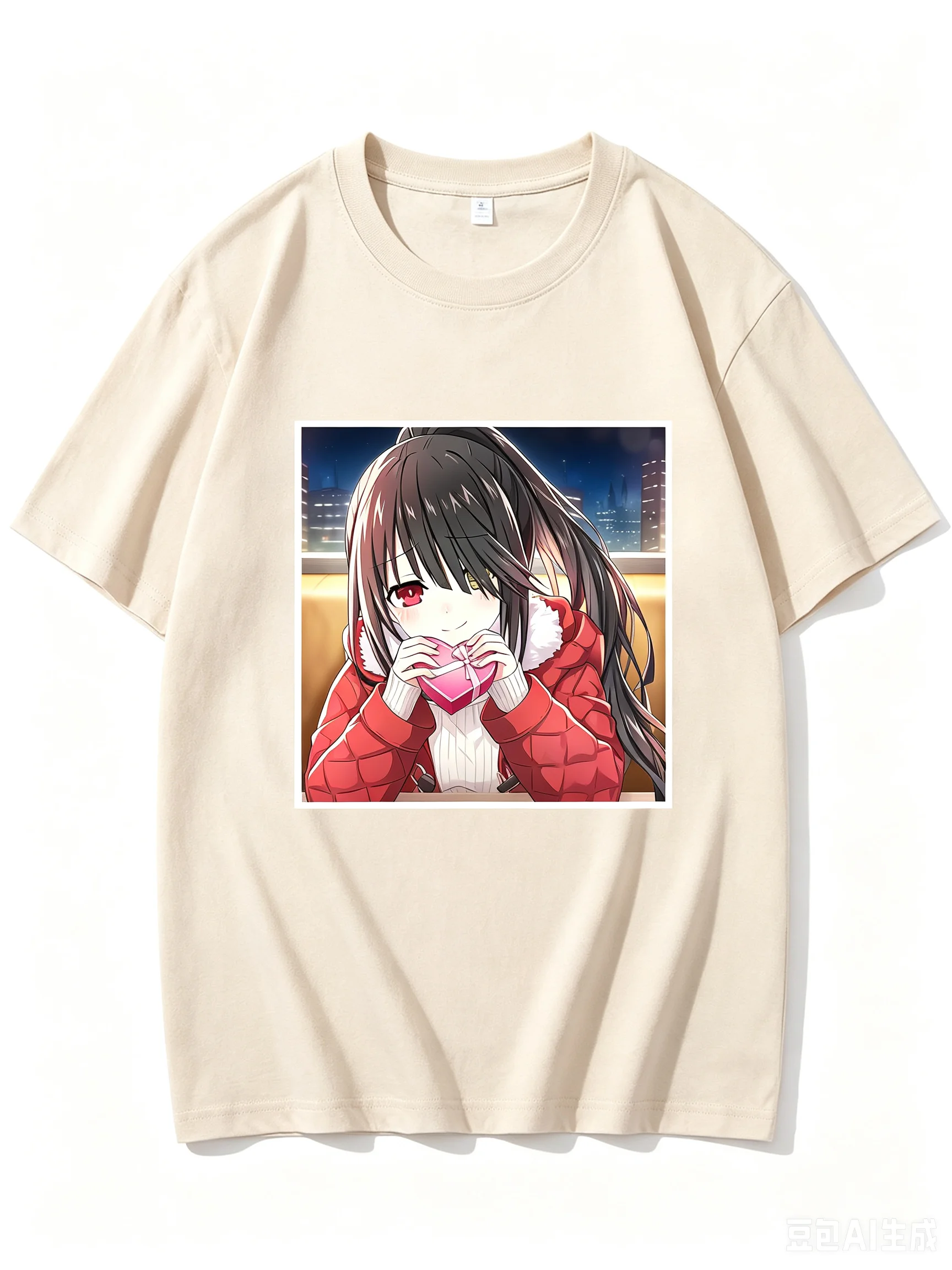 Kurumi Tokisaki Date A Live Heart Gift Night City Window Anime Frame Graphic Crew Neck Short Sleeve T-Shirt