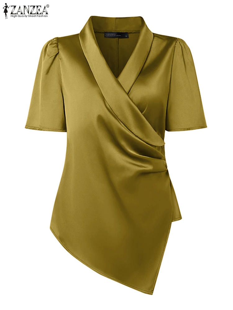 ZANZEA 2025 elegante blusa de satén para mujer, Tops tipo túnica de verano, moda Puff, manga corta, cuello en V, camisa asimétrica, Blusas sólidas de oficina