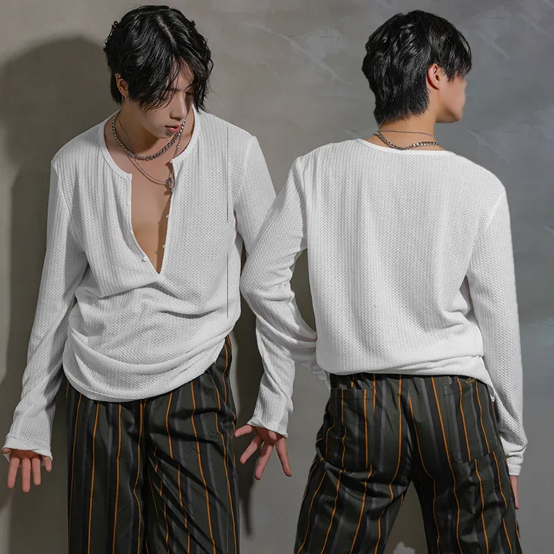 

Men Long Sleeves Loose Practice Wear V Neck Black/White/Brown/Grey T Shirt Rumba Cha Cha Dance Clothes Latin Dance Tops