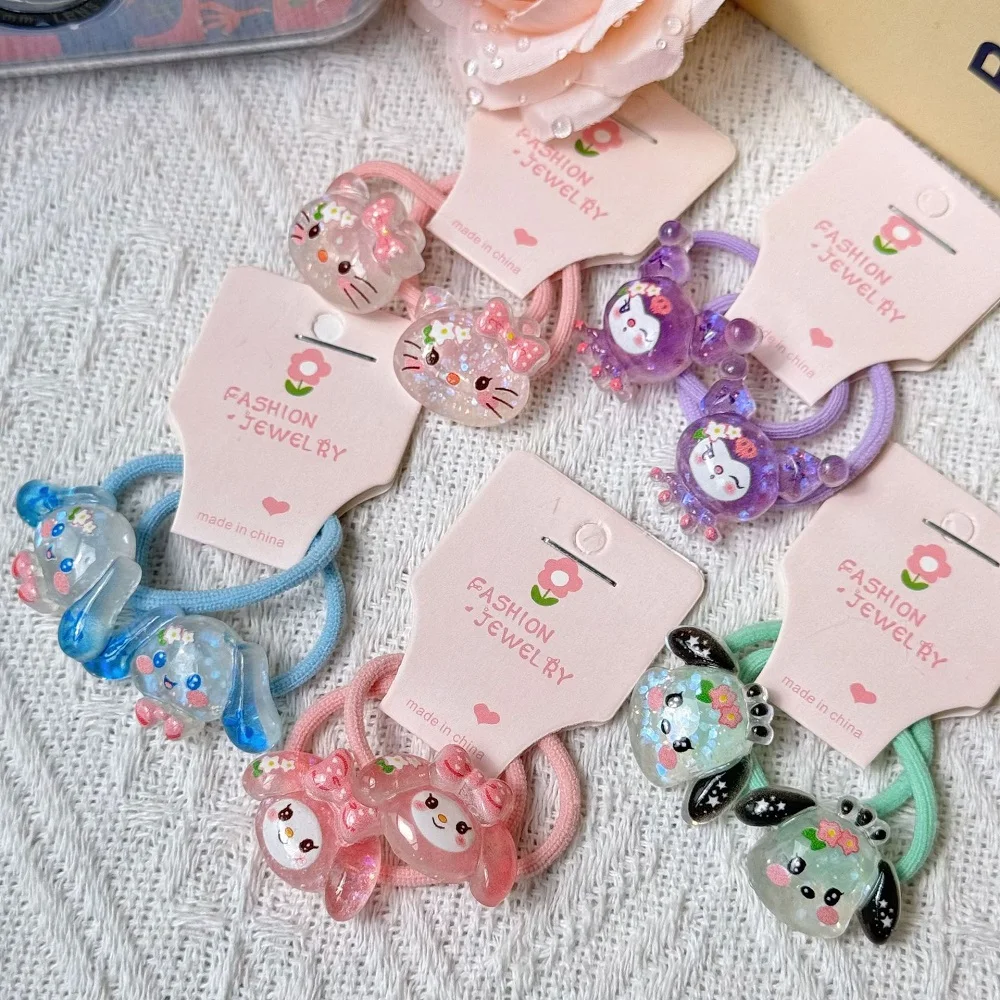 

10 шт., кавайная блестящая прозрачная веревка для волос Sanrio Hello Kitty Kuromi в стиле аниме, высокоэластичная повязка на голову для девочек, подарки для детей