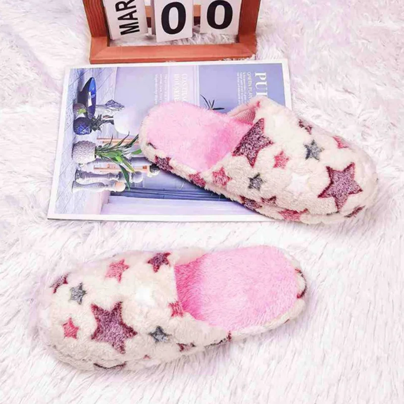 Five-pointed Stars Women Home Soft Slippers Couples Winter Indoor Warm Bedroom Plush Slides Adults Cozy Quiet Plush Flat Sandals