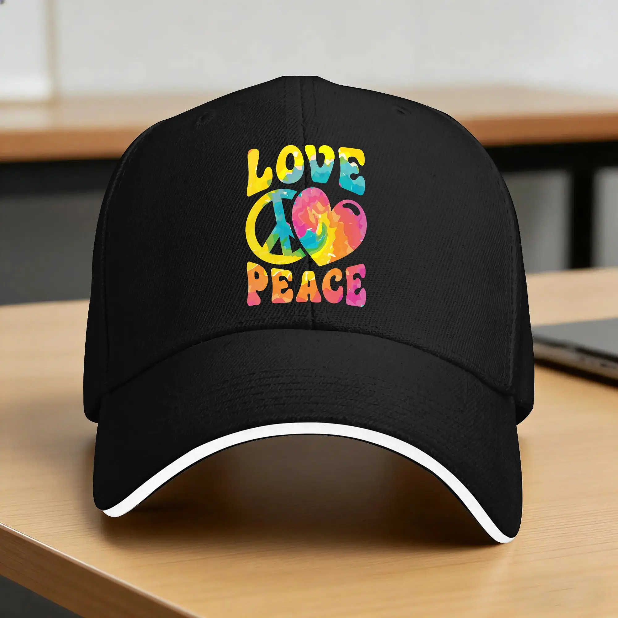 Hippie Love Peace Sign Heart Tie Dye Retro Casual Baseball Cap  Running Hippie Trucker Hat Spring Adjustable Retro Snapback Cap