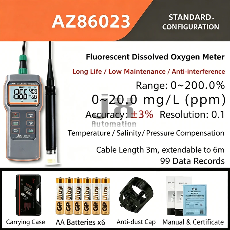 AZ86023 Portable Dissolved Oxygen Meter DO Tester 3M Probe Salinity Pressure Compensation for Sewage Treatment