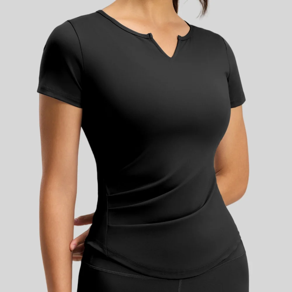 Women Running Sports T-Shirt Short Sleeve V-shape Neck Breathable Quick-drying Fitness Yoga Dance Sportswear Workout Top