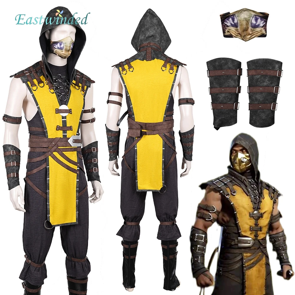 Juego Mortal Kombat Scorpion disfraz de Cosplay máscara de látex trajes hombres adultos disfraz Halloween carnaval fiesta traje Prop