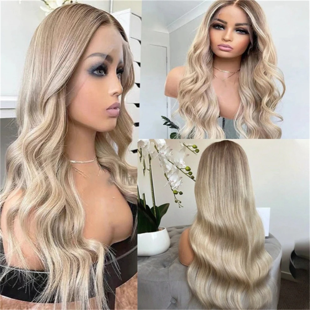 

26 Inches Ombre Ash Blonde Body Wave Synthetic Lace Front Wig Realistic Hairline Wig For Women Alopecia Hairlos Natural Looking