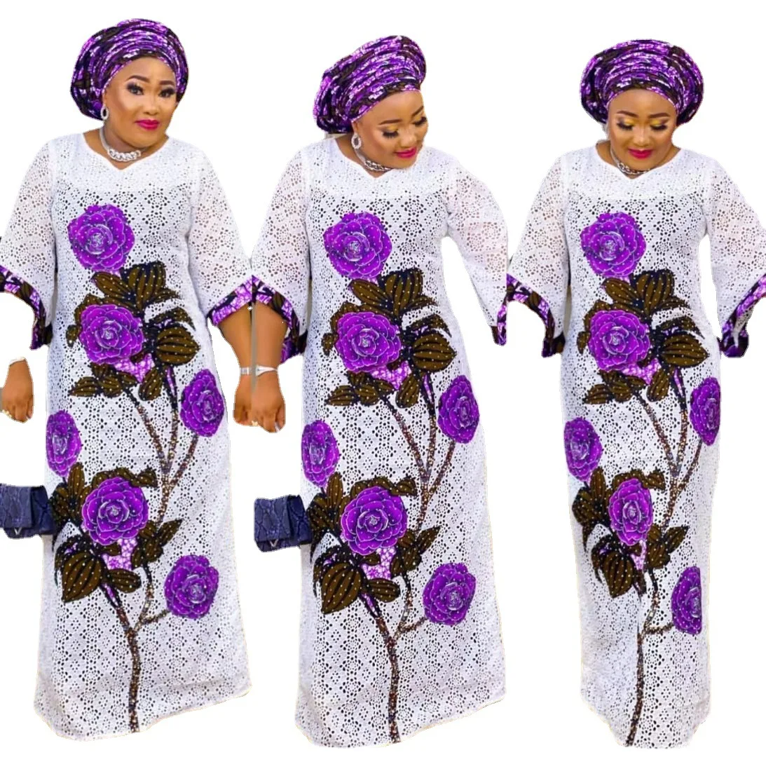 Vestidos De Renda Branca Para As Mulheres 2023 Lates African Print Floral Boubou Muslim Hijab Abayas Ankara Kaftan Turban Robe Nigerian Dress