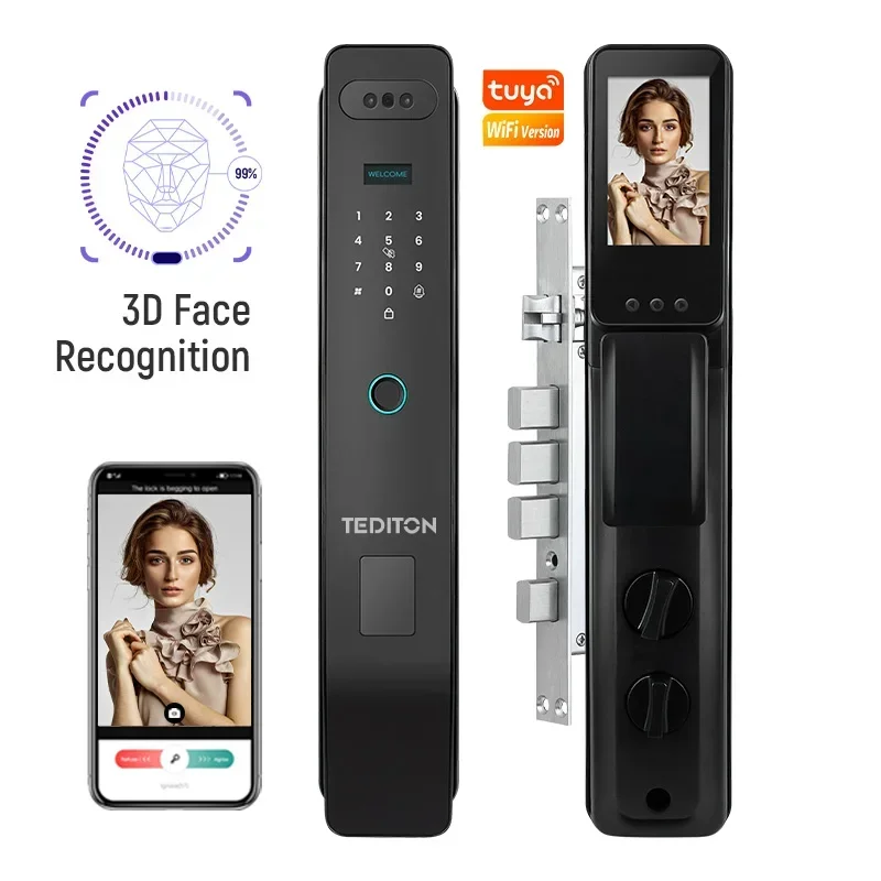 

005 self-locking anti-theft manufacture office smart lock rfid card scan digital glass id 3d face recognition smart door lock