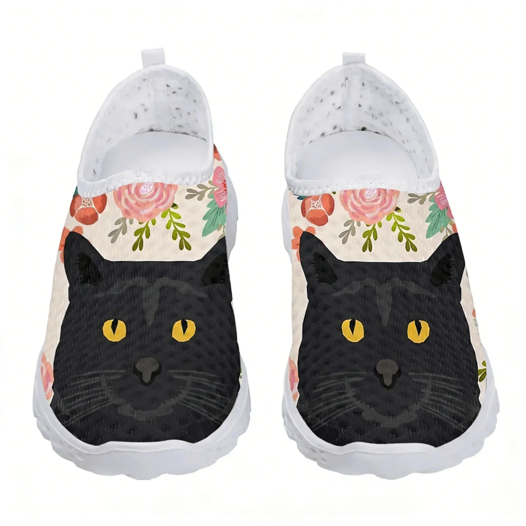 

Black Cat Pattern Flower Printing Mesh High Quality Sneakers Women Men Teenager Casual Fashion Custom Made Tennis Flat Shoes