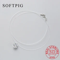 SOFTPIG Real 925 Sterling Silver 40cm Fishing Line Cute Zircon Pearl Pendant Necklace Fine Jewelry Romantic Choker For Women