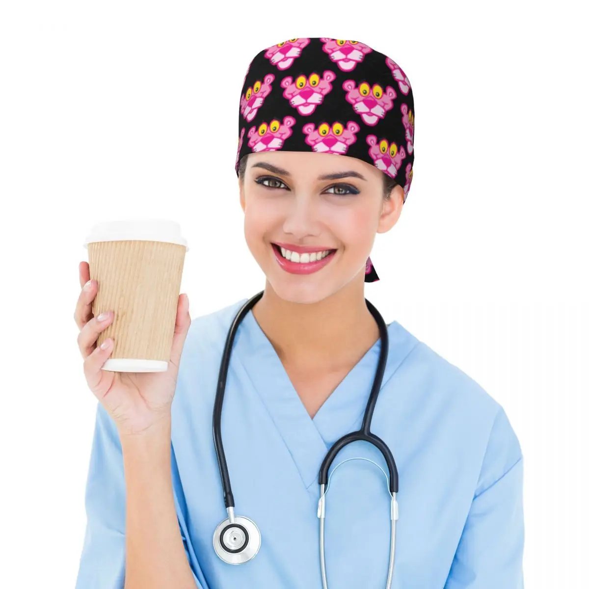 Custom Leopard Head Cartoon Pink Panther Medical Staff Scrubs Hat Unisex Doctor Nursing Surgical Cap Scrub Caps
