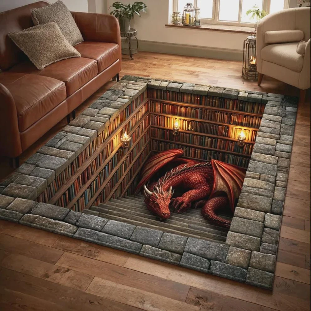 Stone Well Dragon 3D Illusion print large Rug game room lounge coffee table entry foyer Non Slip Rug Present
