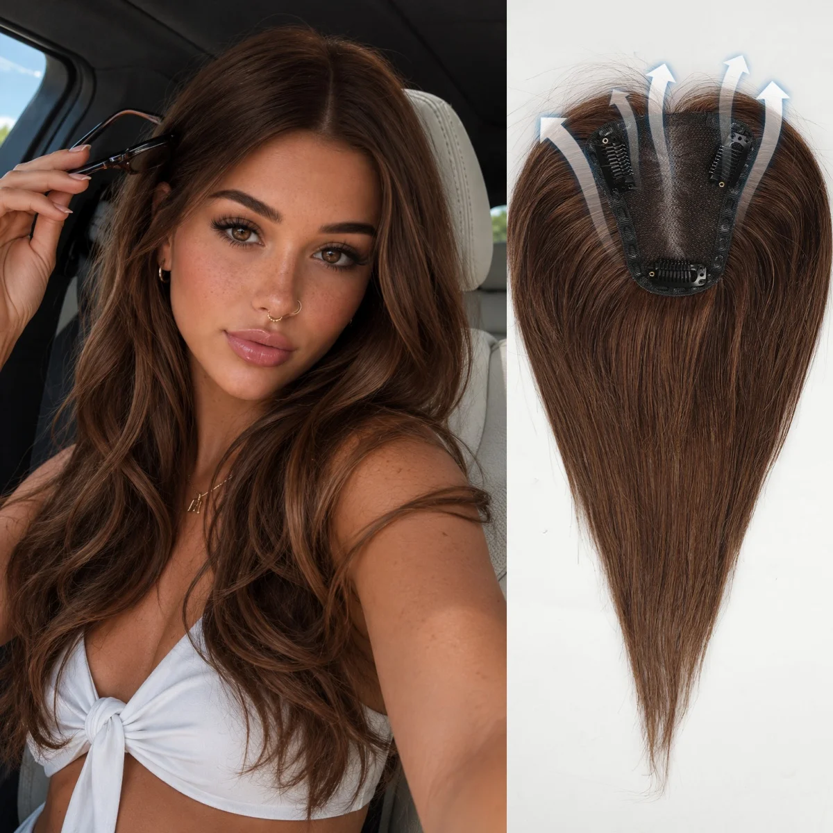 100% Remy Human Hair Lace Base Topper 12 Inch Straight Brown Middle Part Clip In Hair Pieces for Women Thinning Hair