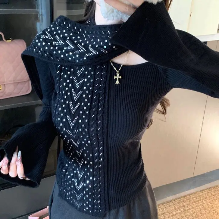 Knitted Lolita Sweater Scarf Women Autumn New Heavy Craft Diamond Sparkling Off-Shoulder Slim Versatile Streetwear Fashion Tops