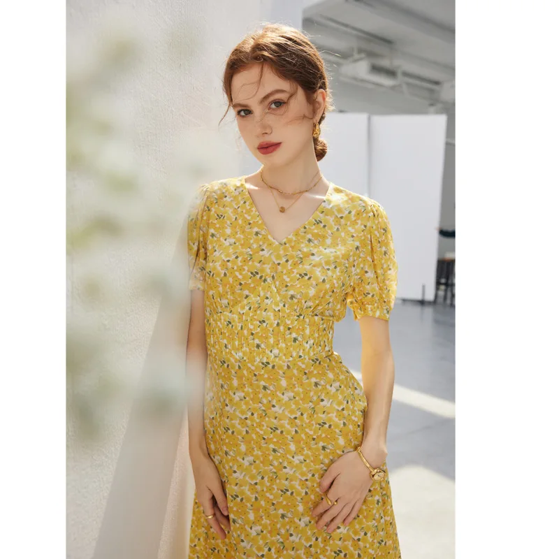 

Short-sleeved Silk Dress for Women's 2024 Spring and Summer New Printed French Floral Waist Young Lady Mulberry Silk Skirt