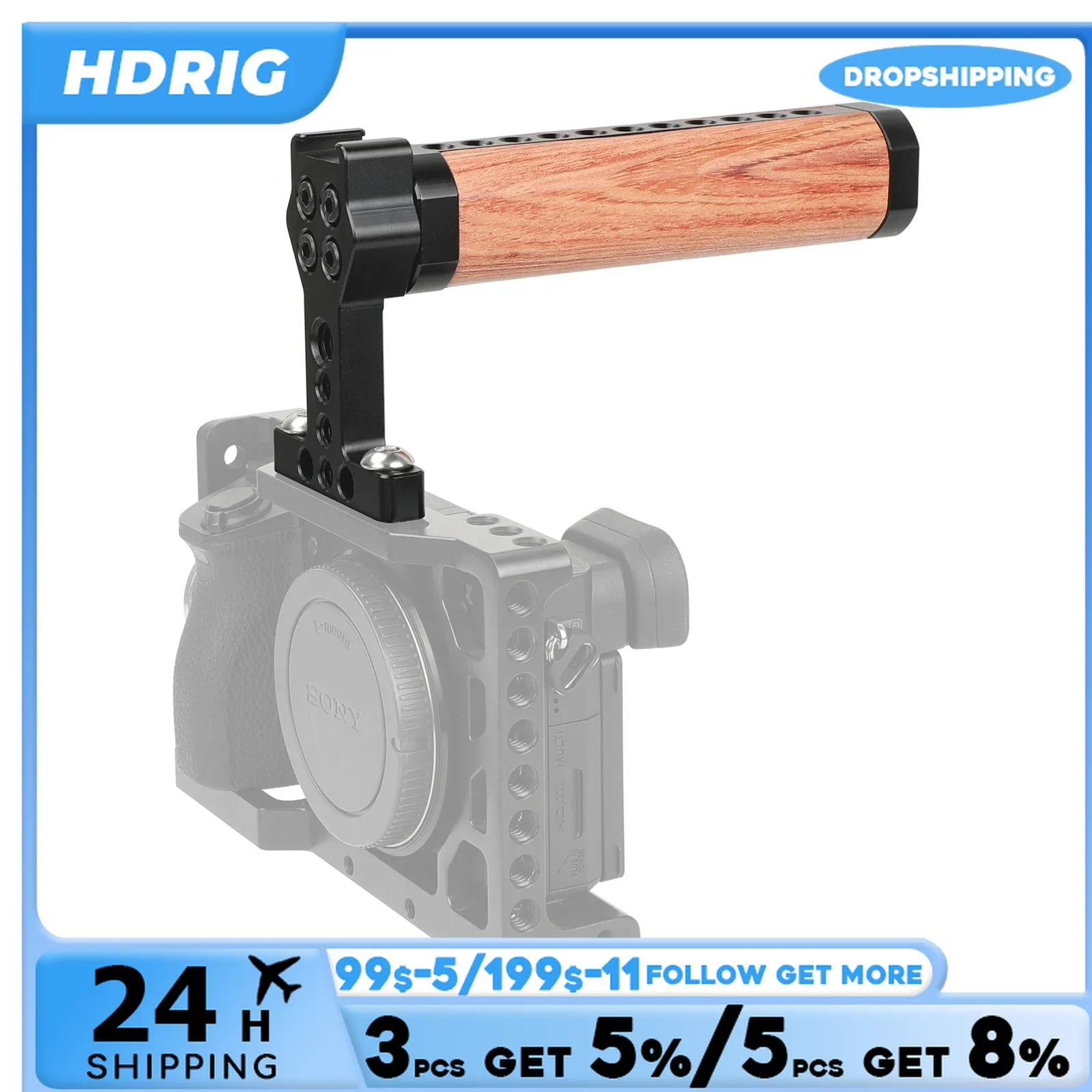 Punho de madeira do punho do queijo da parte superior de hdrig com montagem fria da sapata & 1/4 holes-20 & 3/8 "-16 furos de montagem para gh5, gaiola de 5dmarkii