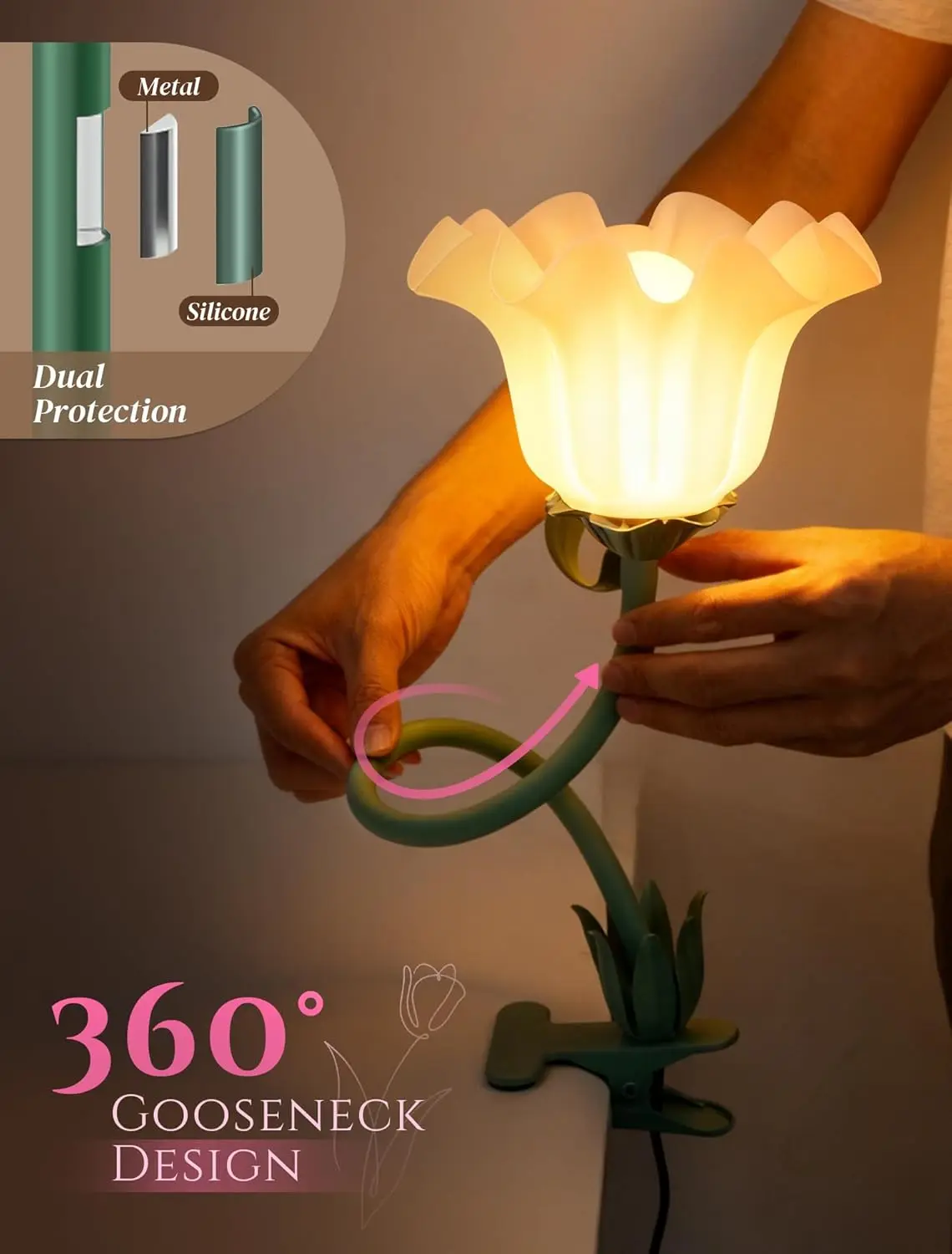 Lampe de bureau à clipser avec 3 modes de couleur, lampe de lecture flexible à col de cygne pour lit, table, crèche - Vert