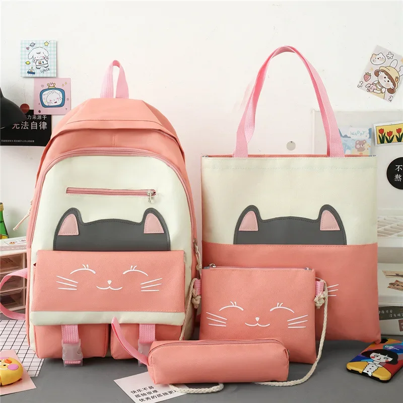 schoolbag women\'s new cartoon cute cat schoolbag for elementary school students for grades three to six four-piece backpack