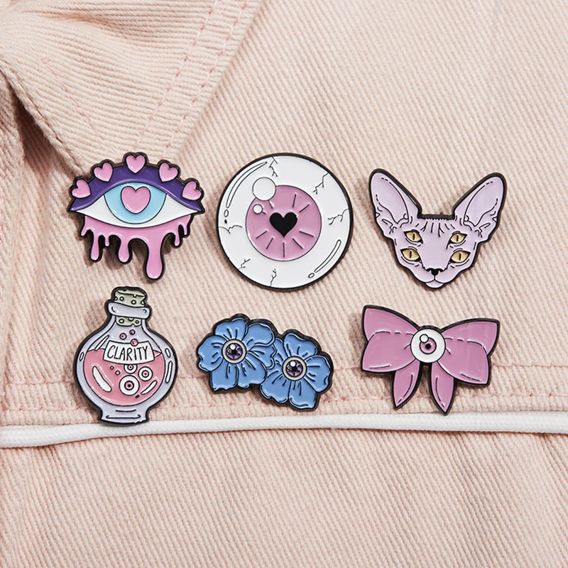 Oogblauwe Bloem Helderheid Drankjes Oog Creatieve Metalen Badge Punk Reversspelden Sieraden Accessoire Cadeau Schattig Pinsk Eye Pin Strik Kat Liefde