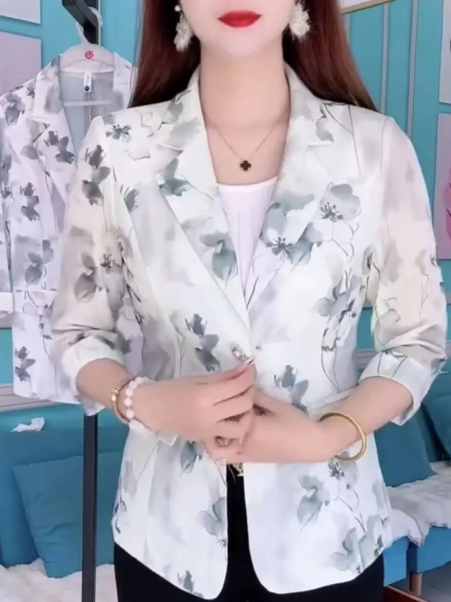Elegant Printed Slim Fit Short Sleeve Suit Jacket for Women Fashionable Thin Summer Top Commute Style Single Button Closure