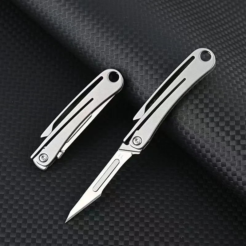 Titanium Alloy Folding Scalpel With Clip Portable MINI Key Buckle  EDC Outdoor Unpacking Pocket Knife with 10pcs Replaceable Bla