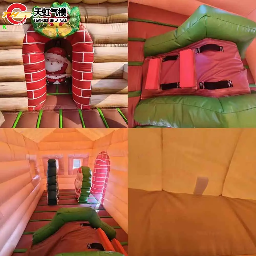 Maison de noël gonflable avec cabine en rondins, 5x4x3.5mH, avec clôture, grotte du père noël avec cour avant, livraison rapide