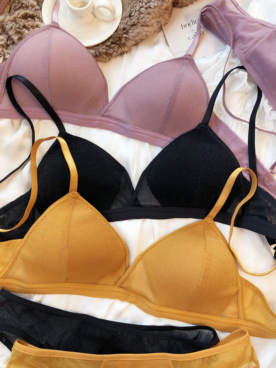 Sexy flash mesh triangle cup underwear thin without steel ring lingerie set push up women bra spicy girl braletteemale