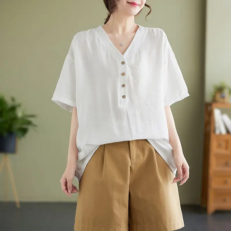 Simple Versatile Summer Women\'s V-neck Solid Color Single Broken Ice Silk Fabric Cotton Fashion Casual Short Sleeve Loose Tops