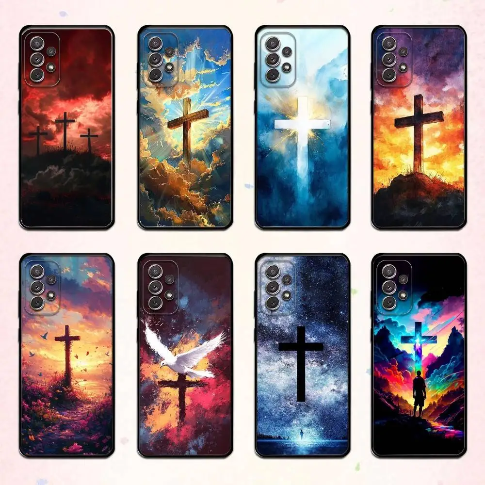 حافظة لهاتف سامسونج S 25,24,23,22,30,21,10,9,Ultra,Plus,Lite,FE,4,5G حافظة سوداء ناعمة من Art Bible Christian Cross #1