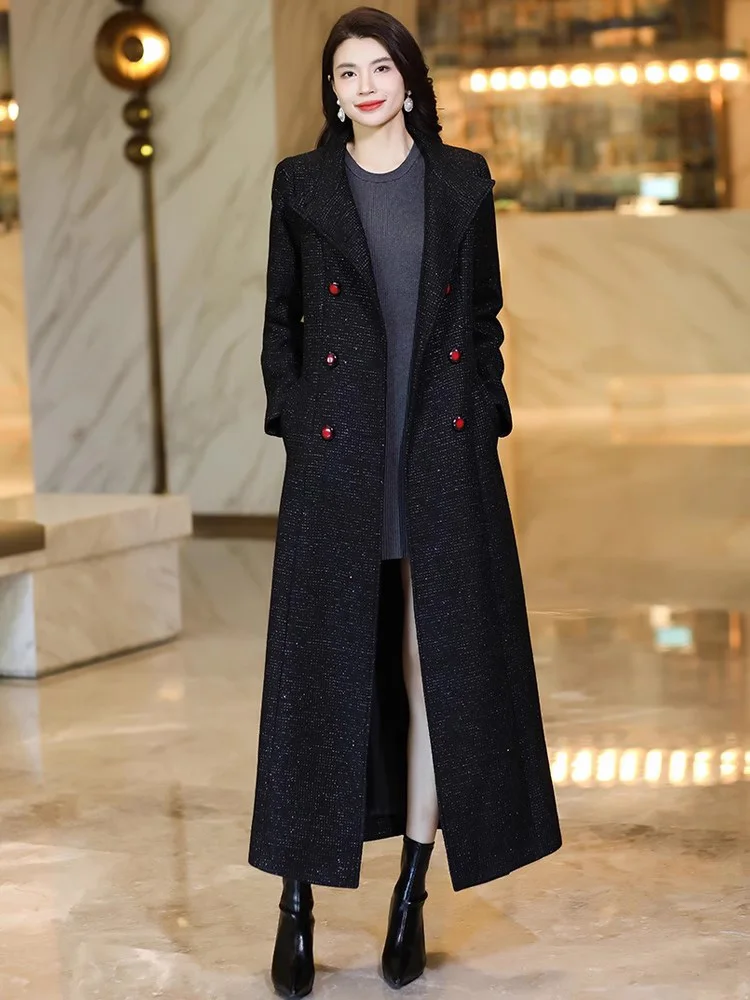 New Women Spring Autumn Black Overcoat Fashion Stand Collar Double Breasted Slim Waist Bright Silk Coat Elegant Long Outerwear