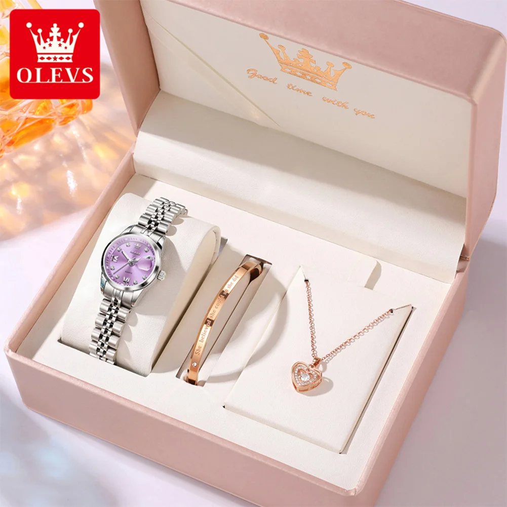 OLEVS Women's Quartz Watches Bracelet Necklace Sets Original Solid Steel Waterproof Calendar Luxury Ladies Wristwatch Gift 7133