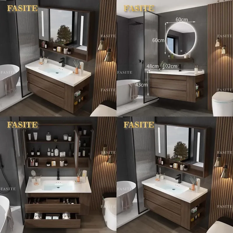 For New Chinese Style Solid Wood Bathroom Vanity with Ceramic Basin Smart Mirror Cabinet Modern Washstand Combo Storage