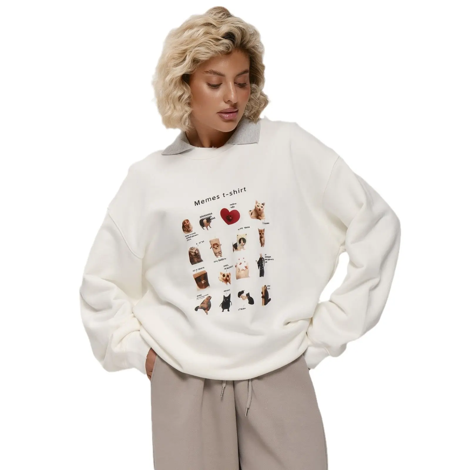 New Russian Girls White Blouse Fun Kitten Cat Pattern Sweatshirts Crew Neck Hoodie Loose Cute Y2K Autumn Top Sweet Women Leisure