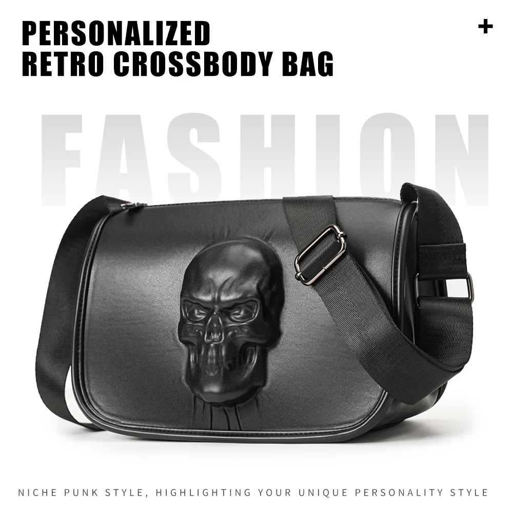 Unisex Punk Style Crossbody Bag 3D Skull Embossed Shoulder Bag Large Capacity PU Leather Chest Bag Streetwear