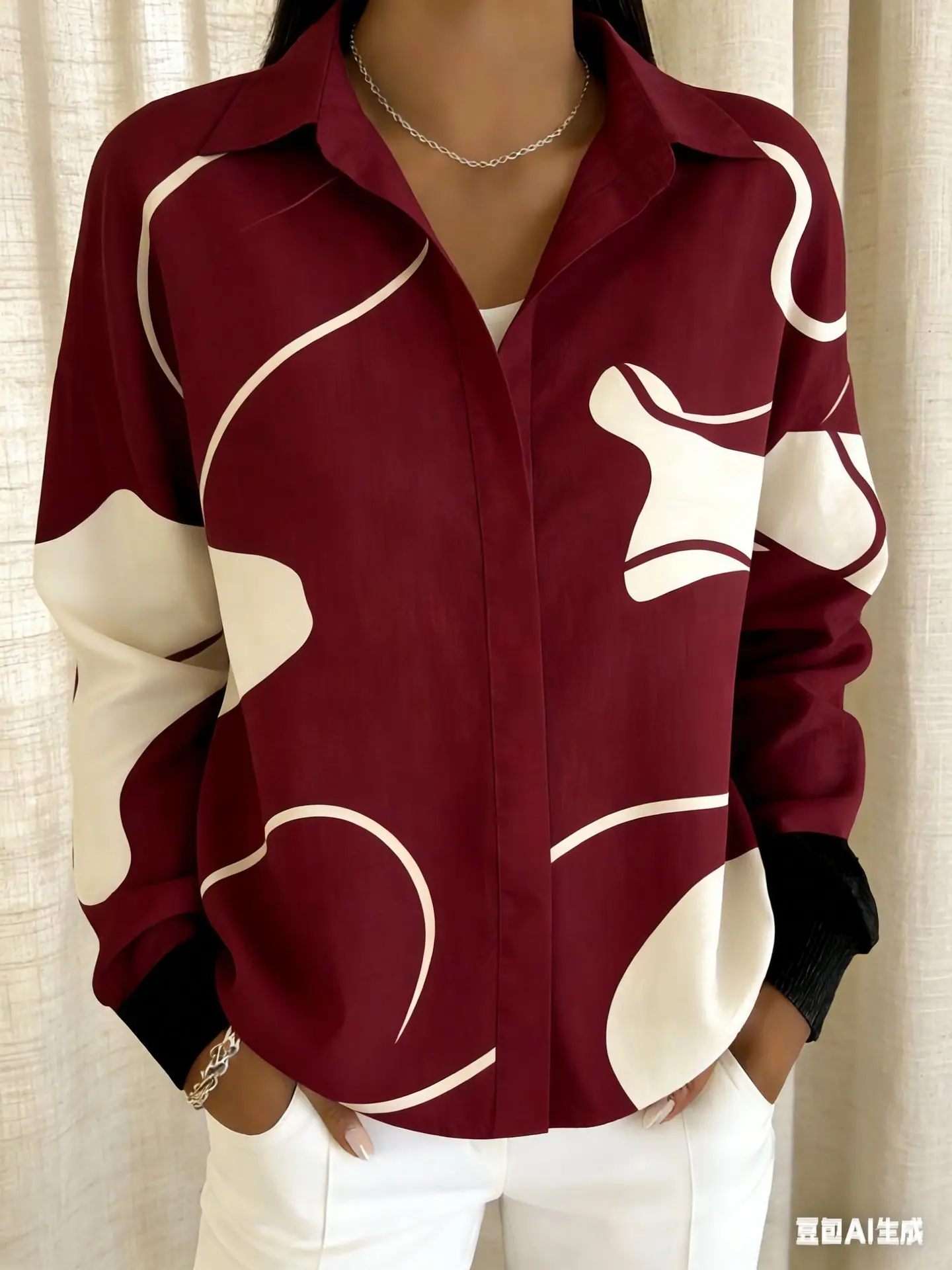 

Retro Chic Shirt Ink Print Tie Dye Designer Shirt Mandarin Collar Oversized Shirt Casual Vintage Elegant Watercolor Blouse