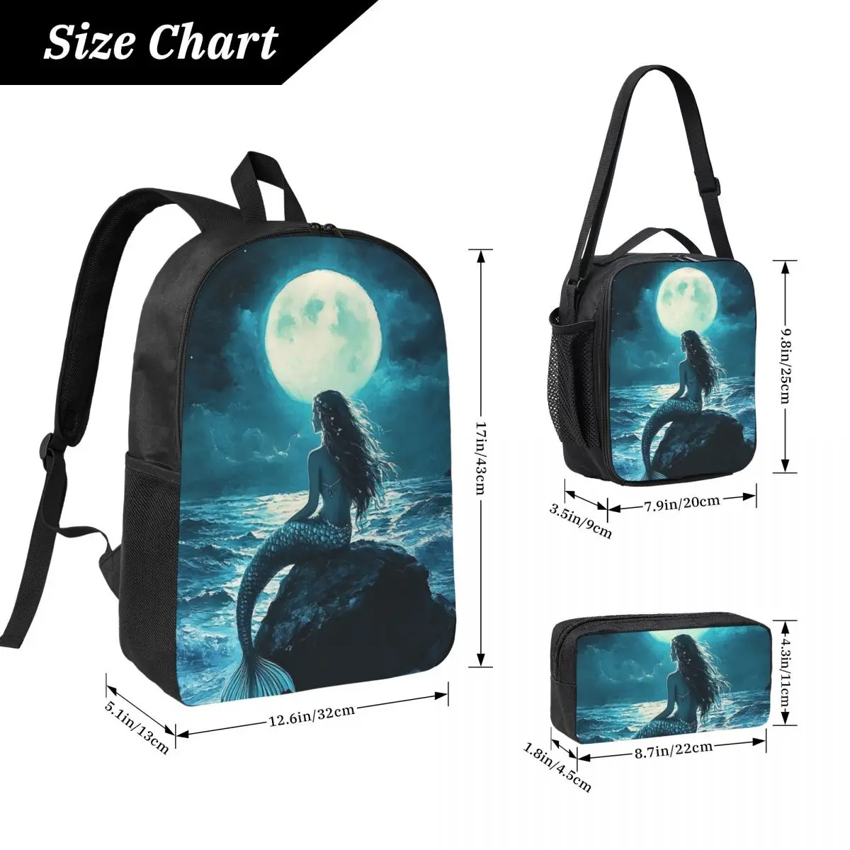 Blue Mermaid Themed Painting Backpack Boys Girls BookBag School Bag Computer Shoulder Bags 3ps Insulated Lunch Bag Pencil Case