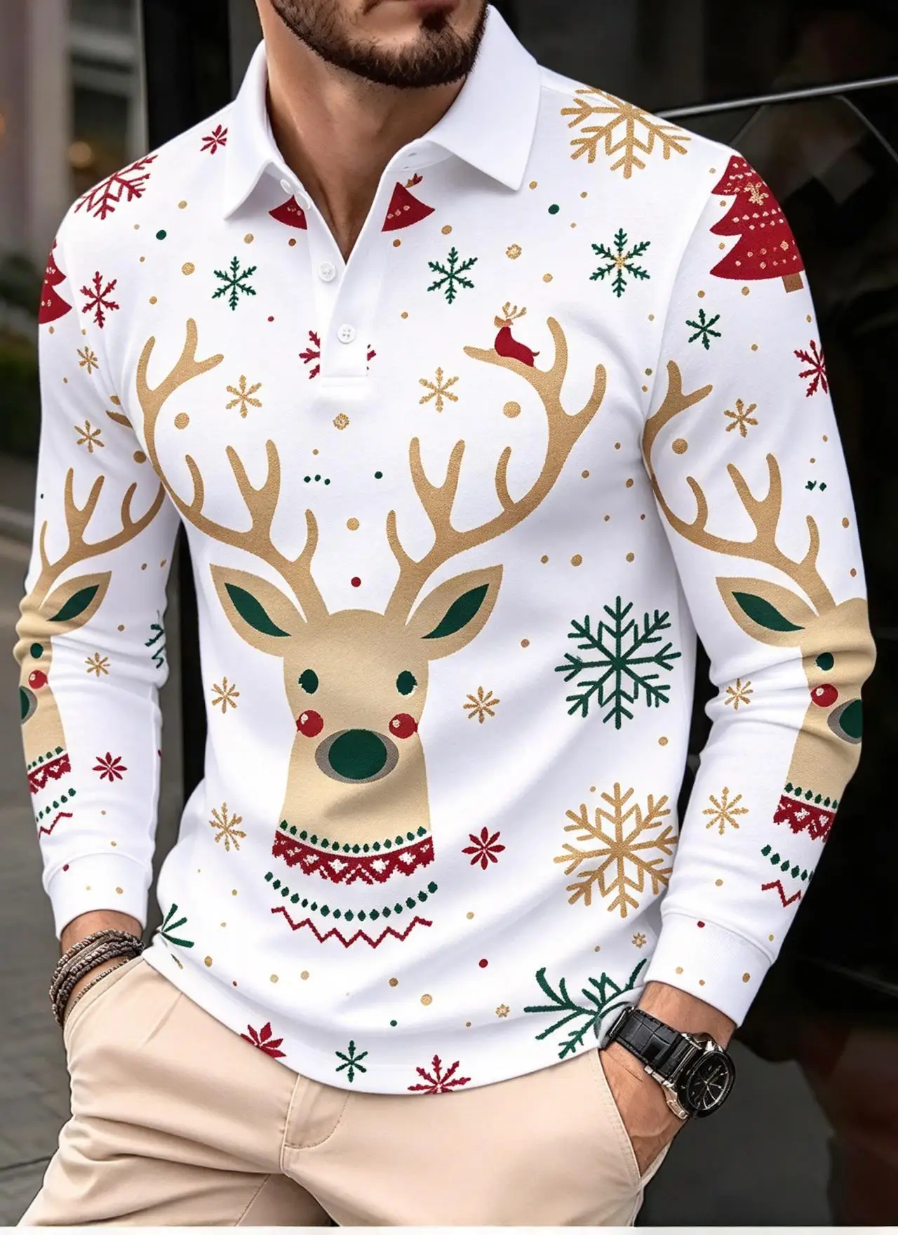 Men Christmas Reindeer Print Long Sleeve Polo Shirt Navy Snowflake Xmas Casual Button Tops